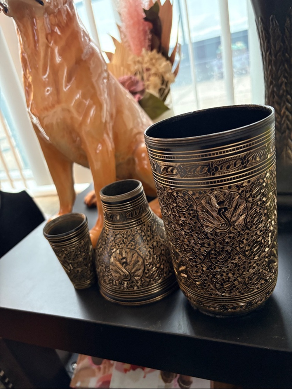 Vintage Ornate Hand Crafted Brass Etched Peacock And Floral Water Or Wine Bottle - Picture 7 of 10
